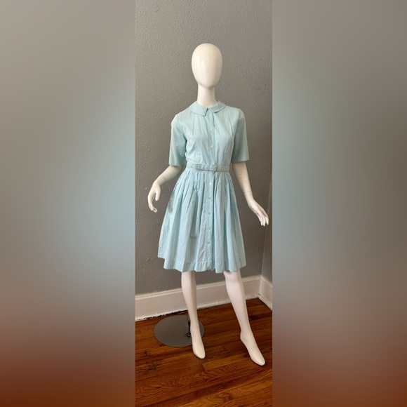 Vintage 50s Blue Striped Button Belt Fit & Flare Shirtwaist Day Dress S - Picture 7 of 15